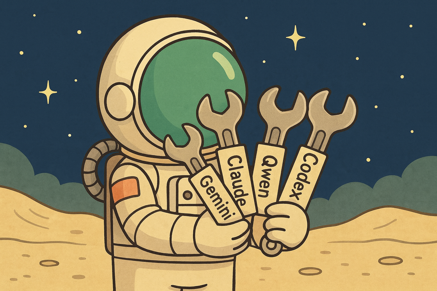 Astronaut looking at some tools labeled after agents: claude, codex, gemini, qwen