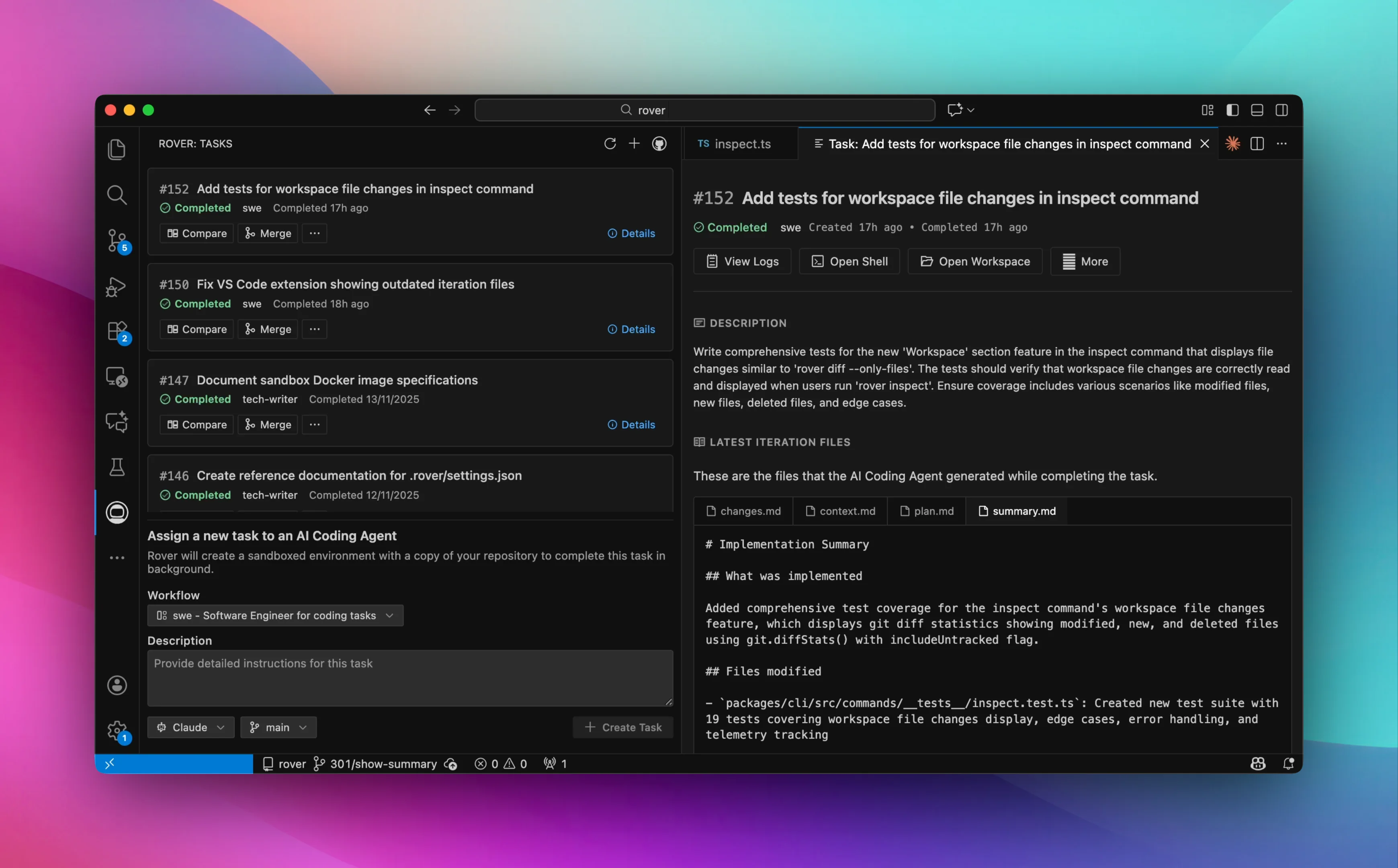 VSCode Rover extension screenshot