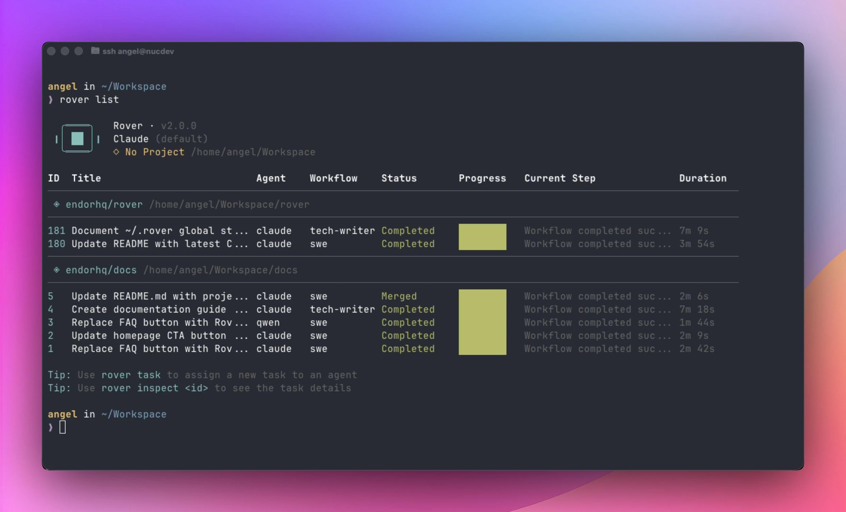 Rover list showing tasks from multiple locations